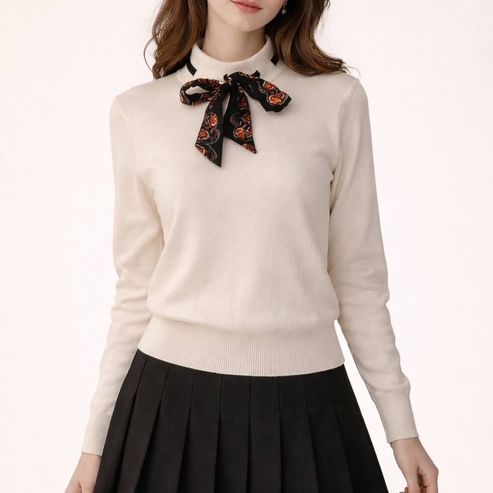 3/$30 SHEIN Cream Scarf Lined Collar Preppy Coquette Sweater